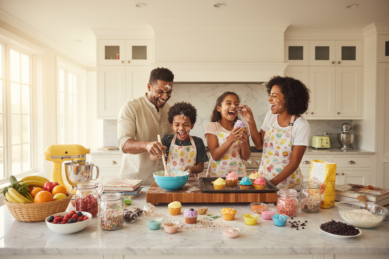una familia creando recetas divertidas