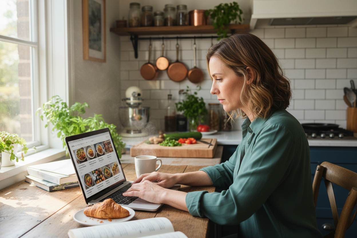 una madre buscando recetas en notebook